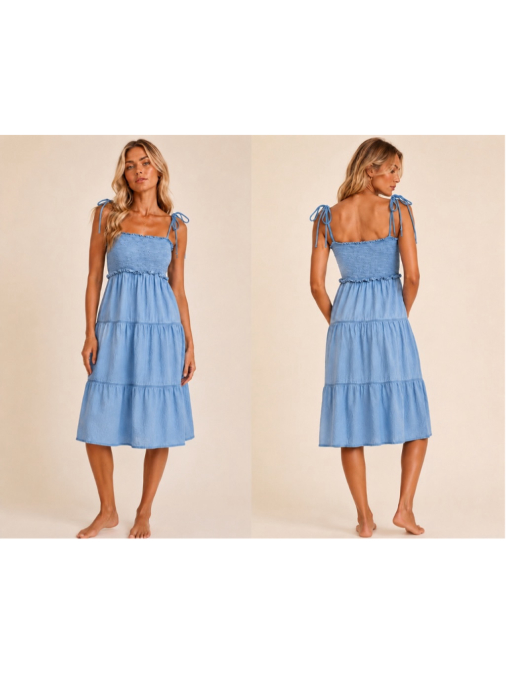 Madewell Denim Smocked Midi Dress Tie-Strap Tiered Cotton Boho Cottagecore XL